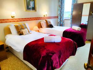 a hotel room with two beds with red sheets at The Falls - Value Rooms at Aultnagar Estate in Lairg