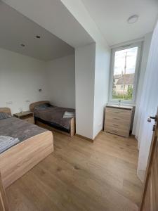 um quarto com 2 camas e uma janela em Skalvija Apartment Dreverna em Dreverna