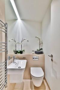 a white bathroom with a toilet and a sink at Knightsbridge/Chelsea penthouse in London