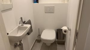 een witte badkamer met een toilet en een wastafel bij Stijlvol appartement in trendy wijk Oostende in Oostende