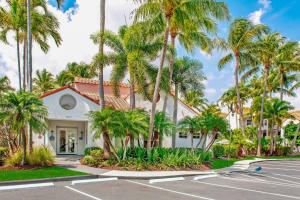 budynek z palmami przed ulicą w obiekcie Comfy Apartments at Sheridan Ocean Club in Florida w mieście Dania Beach