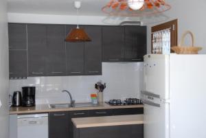 a kitchen with black cabinets and a white refrigerator at CHALET LES ECUREUILS in Barcelonnette