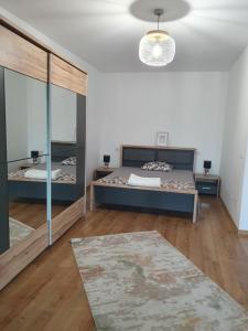 a bedroom with a bed and a large mirror at Regim hotelier - AP2camCentral in Craiova