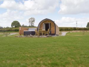 a tiny house with a table and chairs in a field at Cain Pod Vip in Llanfyllin