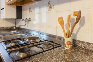 a kitchen stove with wooden utensils in a vase at Maison Bertines II in Casteldelfino