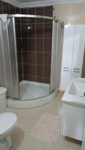 a bathroom with a shower and a toilet and a sink at Guest House in Trabzon