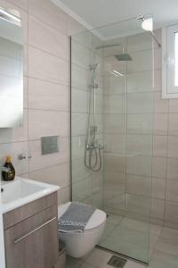 La salle de bains est pourvue d'une douche, de toilettes et d'un lavabo. dans l'établissement Mannou House, à Paralia Vrachou