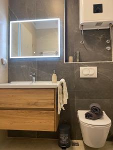 a bathroom with a sink and a toilet and a mirror at Apartment Azuri in Okrug Donji +15 photos