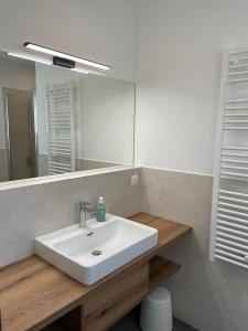 een badkamer met een witte wastafel en een spiegel bij River Lilly Apartment in Obertraun