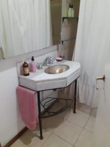a bathroom sink with a pink towel and a mirror at La Colorada, home for... La Amistad Polo in Open Door