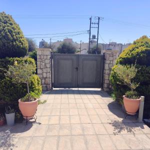 a black gate with two potted plants in front of it at Stamatina's Luxury Penthouse in Pastida in Pastida
