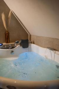a bath tub filled with blue water next to a sink at Bed & Breakfast Bellesza in Oldeberkoop
