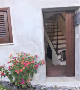 una escalera con una maceta de flores al lado de una puerta en Casetta Santa Maria, en Subiaco