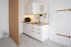 a kitchen with white cabinets and a sink at Atelier in Zvěrkovice