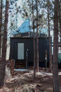 a black cabin with a blue roof in the woods at The Franschhoek Glass Teepee #OnceUponaDome in Franschhoek