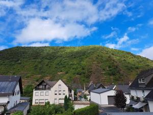 a village with a green hill in the background at FeWoMaiFlo in Briedern