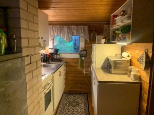 eine kleine Küche mit einem Herd und einer Mikrowelle in der Unterkunft Rauhallinen mökki luonnon keskellä. in Orivesi