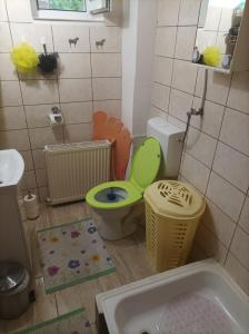 uma pequena casa de banho com um WC verde e uma banheira em Locuința două dormitoare pt 3-4persoane em Cluj-Napoca