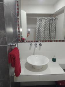 ein Badezimmer mit einem weißen Waschbecken und einem Spiegel in der Unterkunft El Bienestar. in San Salvador de Jujuy