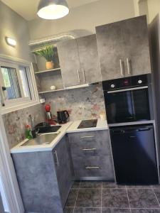 una cucina con frigorifero nero e lavandino di Small luxury apartment ad Anávissos