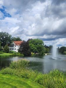 a pond with a fountain in front of a building at Hotel Haus am See in Bad Salzuflen