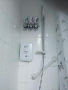 a bathroom with a shower with a soap dispenser at Alberto's in Broxburn