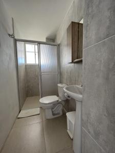 La Ballena Azul Hotel في تاجانجا: حمام مع مرحاض ومغسلة ودش