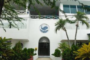 une maison blanche avec une porte noire et des palmiers dans l'établissement La Ballena Azul Hotel, à Taganga