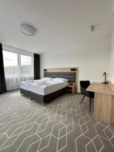 Schlafzimmer mit einem Bett, einem Schreibtisch und einem Tisch in der Unterkunft Typton hotel&spa in Medzilaborce