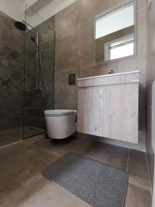 y baño con ducha, aseo y lavamanos. en EvelMar Apartments - Dagli Apartment, en La Canea