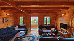 a living room with couches and a fireplace in a log cabin at Villa Dandelion in Žabljak