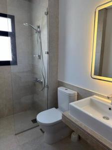 a bathroom with a shower and a toilet and a sink at Swanlake North Coast Luxury Villa in Zāwiyat al ‘Awwāmah