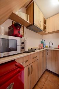 kuchnia z drewnianymi szafkami i czerwonym urządzeniem w obiekcie Anne Apartament w mieście Năvodari