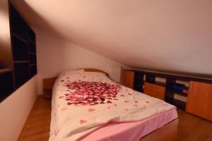 sypialnia z łóżkiem pokrytym płatkami róż w obiekcie Anne Apartament w mieście Năvodari