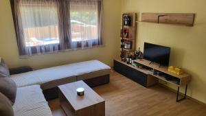 ein Wohnzimmer mit einem Sofa und einem Flachbild-TV in der Unterkunft Holiday home with private pool ''Lux Banja Luka'' in Banja Luka