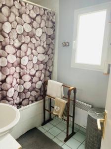 een badkamer met een douche en een houten wand bij Charmante maison douillette de 65 m2 pour 4 pers. in Saint-Pierre-dʼOléron