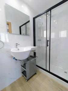 馬拉加的住宿－M Nostrum NY，白色的浴室设有水槽和淋浴。