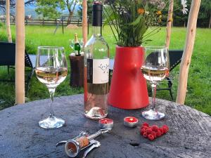 a table with two wine glasses and a bottle of wine at Cabana ciocanu in Şirnea +13 photos