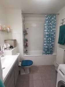 een badkamer met een blauw toilet en een bad bij Duplex lumineux Saint Ouen sur Seine in Saint-Ouen