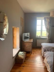 1 dormitorio con 1 cama y TV en el suelo de madera en La maison de Fanny, en Jarnioux