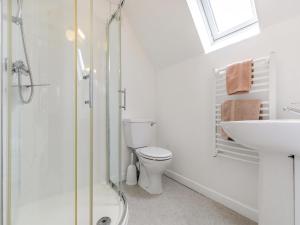 a white bathroom with a toilet and a sink at Primrose Cottage in Poundstock