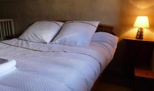 a bed with white sheets and a lamp on a table at Gîte Mourtis in Nistos