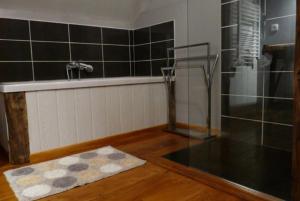 y baño con ducha, lavamanos y alfombra. en Gîte Mourtis, en Nistos