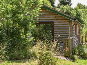 eine Holzhütte mit einer Tür in einem Garten in der Unterkunft Woodside Fishery - Kingfisher in Cleobury Mortimer