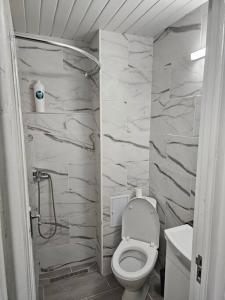 La salle de bains blanche est pourvue de toilettes et d'un lavabo. dans l'établissement Chic Galati Apartment: Urban Escape, à Galaţi