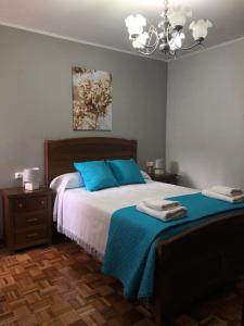 a bedroom with a bed with blue pillows and a chandelier at Apartamento Casa Belén Arriondas in Arriondas