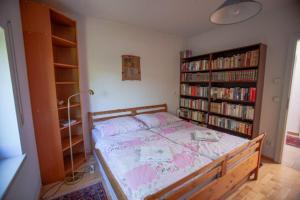 ein Schlafzimmer mit einem Bett in einem Zimmer mit Bücherregalen in der Unterkunft Privatzimmervermietung Margit in Waidhofen an der Ybbs