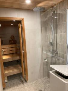 科沃拉的住宿－Apartment Rauha，带淋浴、水槽和玻璃淋浴间的浴室