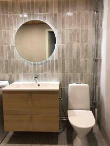 科沃拉的住宿－Apartment Rauha，一间带卫生间、水槽和镜子的浴室