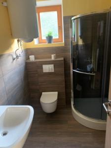 La salle de bains est pourvue de toilettes, d'une douche et d'un lavabo. dans l'établissement Črjanski Raj, à Črna na Koroškem